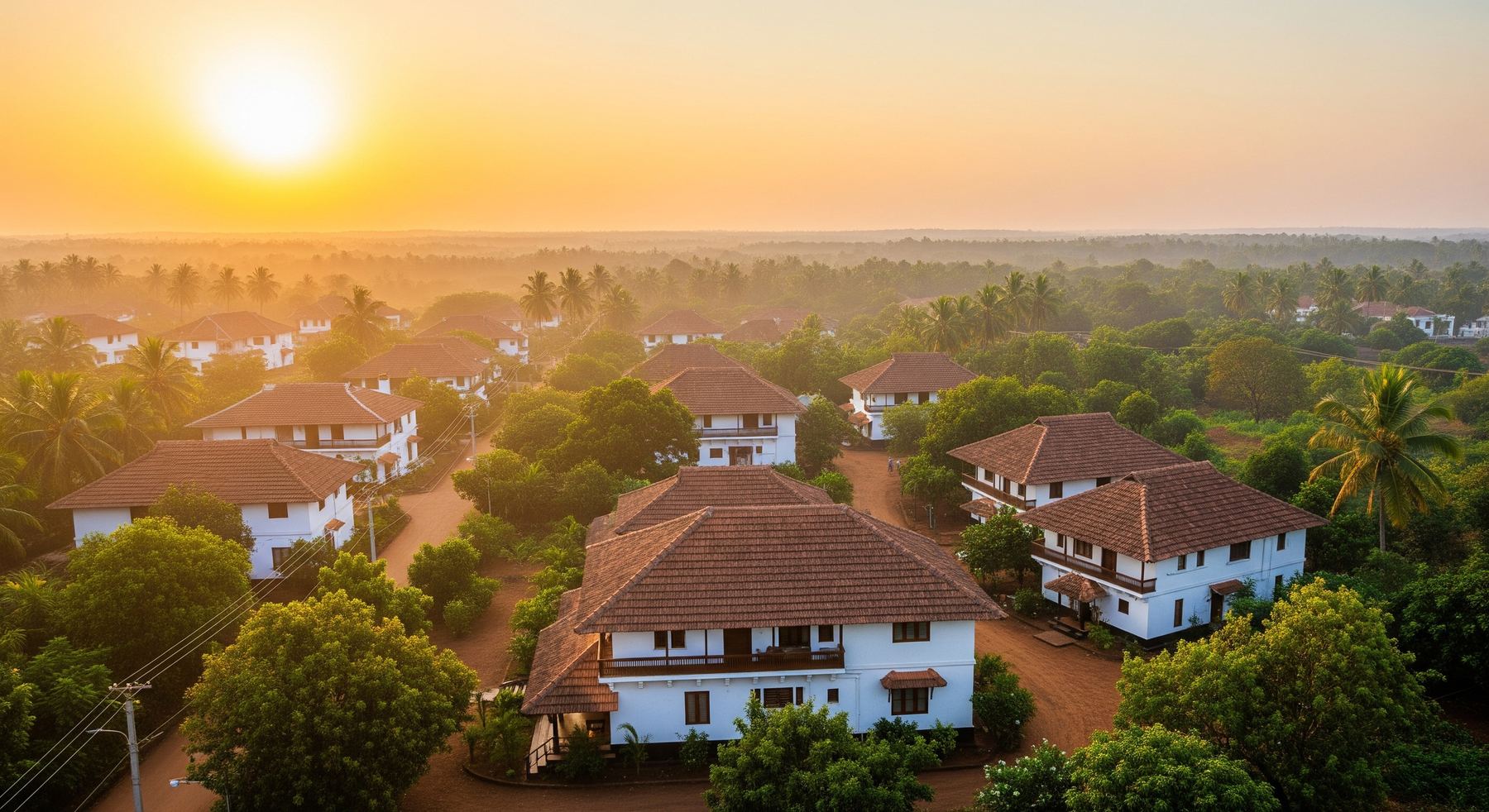 Aerial view at sunset over the bungalows and trees at Dapoli